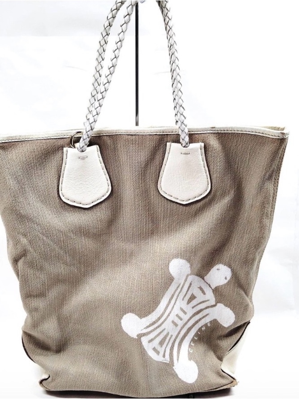 Celine Beige Canvas Tote with White Trim and Turtle Motif
